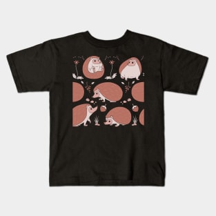 Hedgehogs Among the Flowers Pattern in Brown and Grey Kids T-Shirt